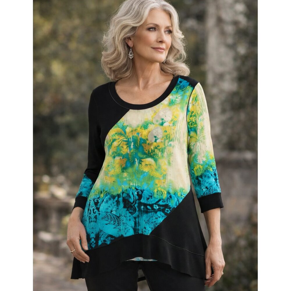 Eva Varro Tunic Top Abstract Print Colorful Art-to-Wear Slinky Lagenlook size L